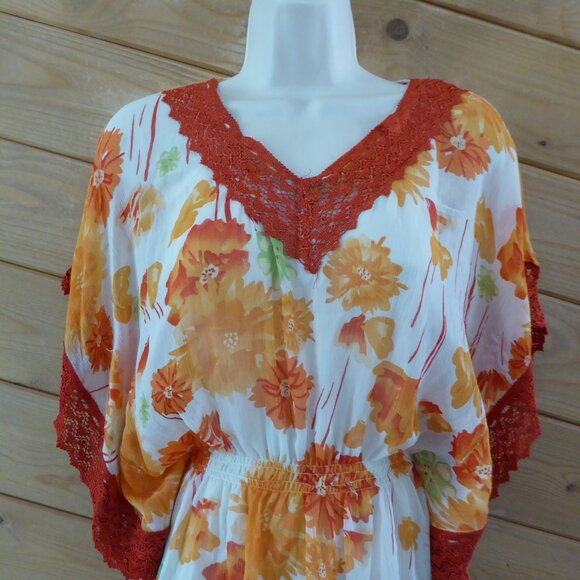 Kohinoor Orange Floral Crochet Lightweight Cinched Blouse Tunic Top NWT - Picture 2 of 10